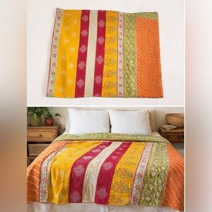Vintage Kantha Quilt Twin Hand Stitched Sari Patchwork Boho Textile 52” x 80”